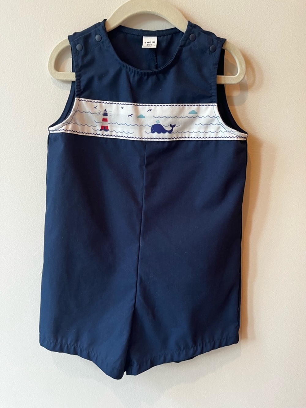 Navy White Nautical Whale Smocked Baby Romper